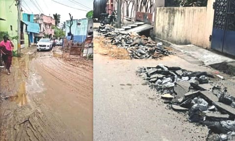 Newly laid road cracked open in Perungalathur turning it muddy and slushy after the recent rainfall 