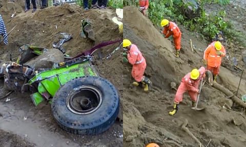 Damaged remains of a bus lie in debris after a massive landslide in Bilaspur (PTI)