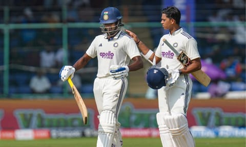 India's Sai Sudharsan, left, and Yashasvi Jaiswal return to pavilion for a tea break on day one of the second and final Test cricket match of a series between India and West Indies, at the Arun Jaitley Stadium, in New Delhi, Friday, Oct. 10, 2025 (Photo: PTI)