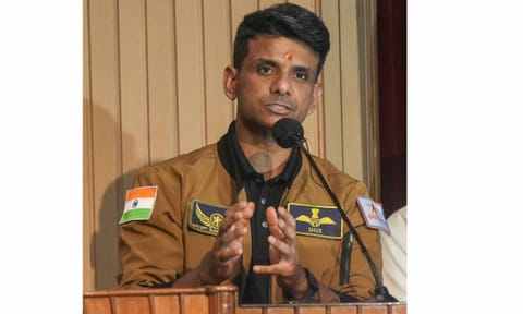 Group Captain Shubhanshu Shukla addresses the media at his alma mater, City Montessori School (CMS), in Lucknow, Monday, Aug. 25, 2025 (PTI) 