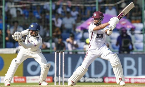 West Indies' Shai Hope plays a shot on day three of the second and final Test cricket match of a series between India and West Indies, in New Delhi, Sunday, Oct. 12, 2025 (PTI) 