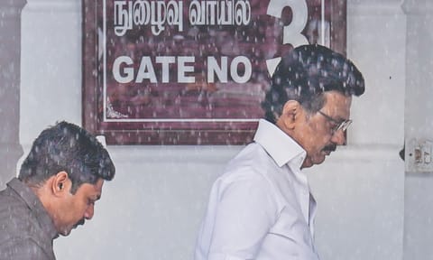Chief Minister MK Stalin arrives to attend the Assembly session at Fort St George on Wednesday