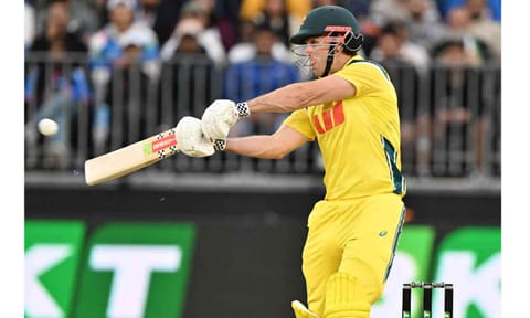Mitchell Marsh plays a shot during the match 
