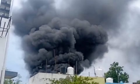 Smoke billows after a fire broke out at a paper godown, in Madurai district, Tamil Nadu, Monday, Oct. 20, 2025. (PTI Photo) 
