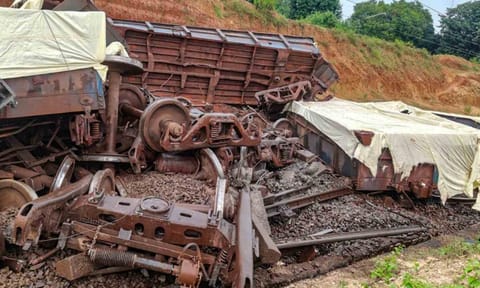 A view of the site where a goods train derailed near Kanaroan station, in Simdega district, Jharkhand, Wednesday, Oct. 29, 2025 (PTI) 