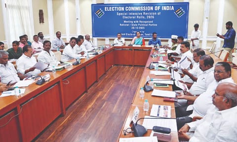 Chief Electoral Officer Archana Patnaik chairing the all-party meeting to discuss SIR at the State Secretariat on Wednesday