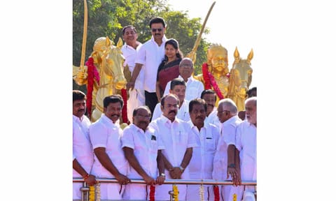 Tamil Nadu Chief Minister MK Stalin with DMK MP Kanimozhi Karunanidhi and other party leaders poses for pictures after garlanding the statues of Mahamangarh Marudhu Pandyas, in Madurai, Tamil Nadu, Thursday, Oct. 30, 2025 (PTI) 