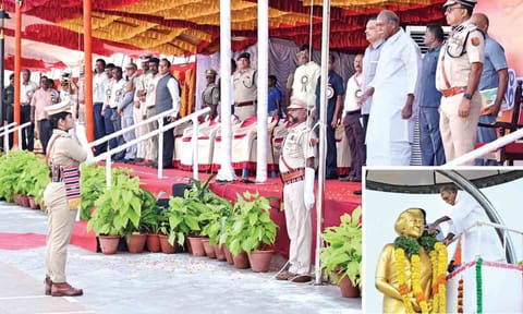Puducherry CM N Rangasamy. and other officials at the Liberation Day event in Gandhi Thidal