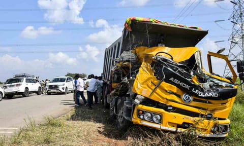 A tipper lorry carrying gravel collided head-on with a public transport bus, in Ranga Reddy district, Telangana, Monday, Nov. 3, 2025 (PTI) 