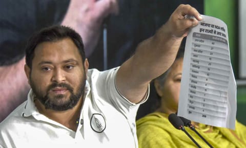 RJD leader and Leader of Opposition in Bihar Assembly Tejashwi Yadav addresses a press conference, in Patna, Monday (PTI) 