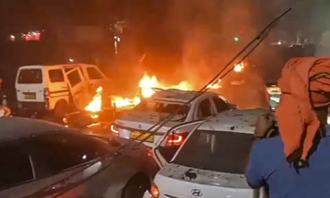 Flames rise after a blast occurred in a parked car near Red Fort, leaving multiple vehicles in flames, in New Delhi, Monday, Nov. 10, 2025 (PTI) 