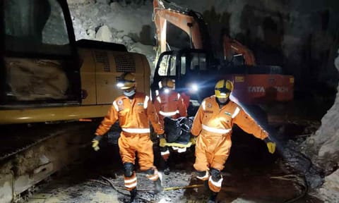 Rescue operation underway after a portion of a stone quarry collapsed, in Sonbhadra, Uttar Pradesh (PTI) 