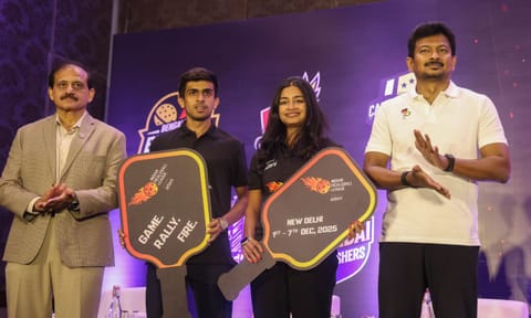 Dy CM Udhayanidhi Stalin, pickleball players Aman Patel, Mihika Yadav and Atulya Misra, ADS, Youth Welfare and Sports Development at the event