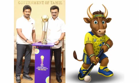 CM MK Stalin and DyCM Udhayanidhi Stalin pose with the FIH Junior Hockey World Cup trophy; The official mascot of the tournament Kangeyan 