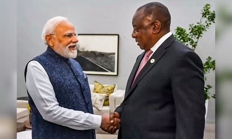 In this screengrab from a video posted on Nov. 23, 2025, Prime Minister Narendra Modi holds a bilateral meeting with South African President Cyril Ramaphosa (unseen), in Johannesburg, South Africa. Other officials are also seen. (@pmoindia/YT via PTI)