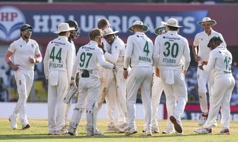 South Africa's players gesture at the end of play on the second day of the second Test cricket match between India and South Africa at the Barsapara Cricket Stadium in Guwahati, Monday, Nov. 24, 2025 (PTI) 