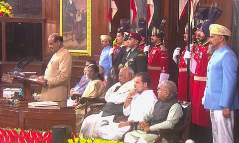 Lok Sabha Speaker Om Birla and Union Minister Kiren Rijiju President Droupadi Murmu, Vice President CP Radhakrishnan at Constitution Day celebrations at Central Hall of Samvidhan Sadan, in New Delhi. (PTI)