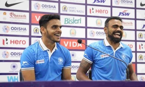 India captain Rohit and coach PR Sreejesh at the press meet 