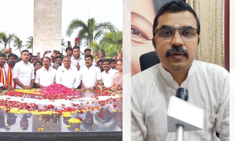 (L--R) KA Sengottaiyan and other TVK leaders paying tributes at Anna memorial on Thursday, Kovai Sathyan