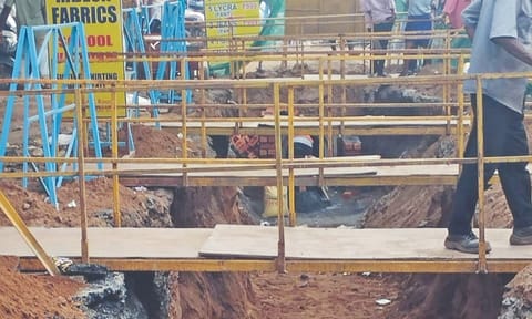 Digging of deep trench to lay pipeline all along MC Road in Old Washermanpet seems to be a never-ending job