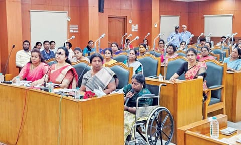 Jayanthi S, a typist from Pattabiram and PwD, speaking at the meeting in Avadi on Friday
