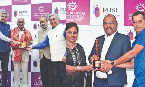 V Kalidoss, treasurer, PRSI, collecting lifetime achievement award (L); Karthikeyan, GM (Marketing),DAC Developers, receiving award for Women’s Day campaign, at the event on Friday (Photo/Justin George)