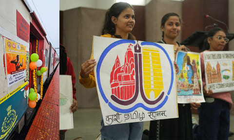 Volunteers highlight this year's Sangamam theme at Varanasi as the first batch leaves from a special train in Kanniyakumari on Saturday