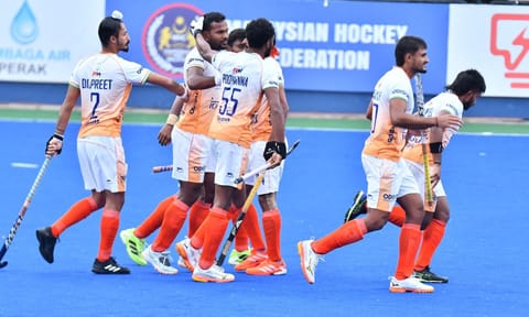  Indian players celebrate after scoring a goal