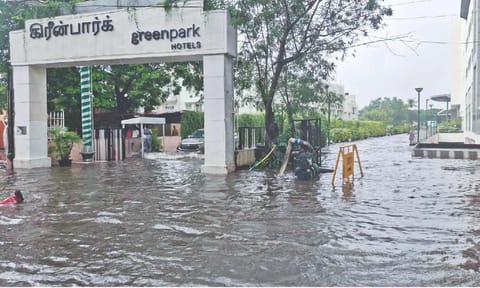 Submerged entrance of a hotel in Vadapalani on Monday