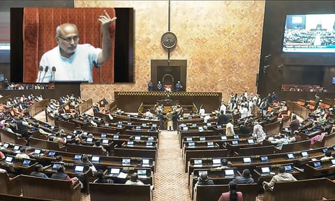 Rajya Sabha Chairman CP Radhakrishnan conducts proceedings in the House amid protest by opposition members in the well during the Winter Session of Parliament in New Delhi, Tuesday, Dec. 2, 2025. (PTI) 