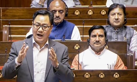Union Minister Kiren Rijiju speaks during the Winter Session of Parliament, in New Delhi, Tuesday, Dec. 2, 2025. (PTI) 