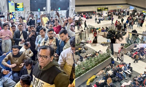Stranded passengers at Indira Gandhi International Airport, in New Delhi, Friday, Dec. 5, 2025. Passengers were left stranded as IndiGo cancelled numerous flights while struggling to meet new crew rostering rules, a day after it scrapped several services and announced schedule adjustments. (PTI) 
