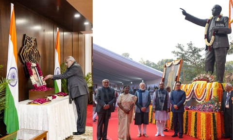 In this image released on Dec. 6, 2025, Vice President CP Radhakrishnan pays tribute to Babasaheb Ambedkar, the architect of India's Constitution, on his 69th death anniversary, also called Mahaparinirvan Diwas, at the Parliament House complex in New Delhi. (PTI)