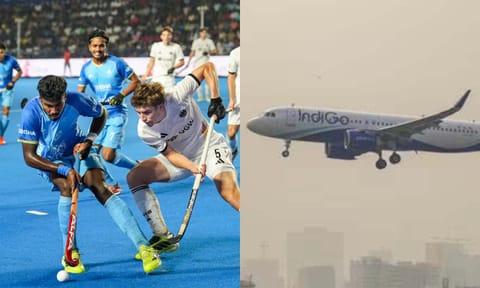 India's Bennur Sunil Palakshappa (17) and Germany's Hoffmann Lenn (5) vie for the ball during the semi-final match of the FIH Hockey Men's Junior World Cup 2025, at Mayor Radhakrishnan Hockey Stadium in Chennai/IndiGo flights (PTI) 