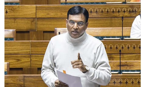 Union Minister Mansukh Mandaviya speaks in the Lok Sabha during the Winter session of Parliament, in New Delhi, Monday, Dec. 8, 2025 (PTI) 