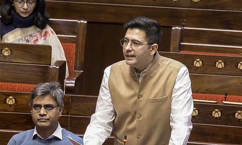 AAP MP Raghav Chadha during the Winter session of Parliament, in New Delhi, Monday, Dec. 8, 2025. (PTI) 