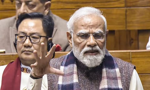 Prime Minister Narendra Modi speaks in the Lok Sabha during a discussion on the 150th anniversary of the national song 'Vande Mataram', at the Winter session of Parliament, in New Delhi, Monday, Dec. 8, 2025. (PTI) 