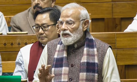 Prime Minister Narendra Modi speaks in the Lok Sabha during a discussion on the 150th anniversary of the national song 'Vande Mataram', at the Winter session of Parliament, in New Delhi, Monday, Dec. 8, 2025. (PTI) 