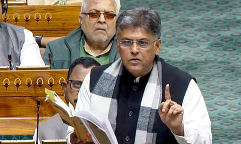 Congress MP Manish Tewari speaks in the Lok Sabha during the Winter session of Parliament, in New Delhi, Tuesday, Dec. 9, 2025. (PTI) 