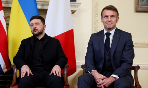 Ukrainian President Volodymyr Zelenskyy, left, and French President Emmanuel Macron meet at 10 Downing Street, in London, Monday, Dec. 8, 2025. (AP) 