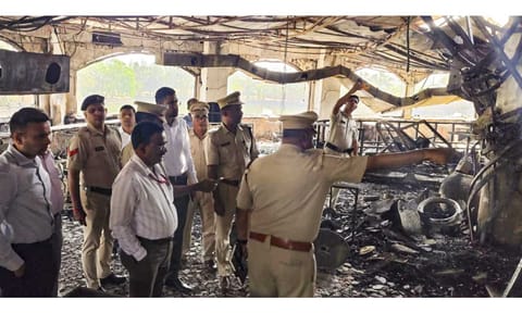 Police and forensic personnel inspect the site where a fire killed 25 people at the Birch by Romeo Lane nightclub, in Arpora, Goa (PTI) 