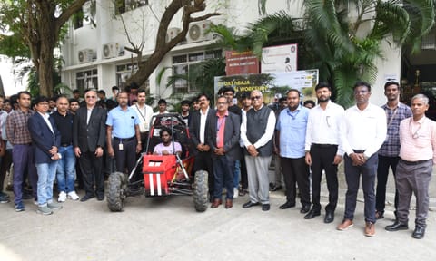Dr Anand Lakshmanan, Senior Project Advisor, CAAR, unveiling a student-built vehicle at SRMIST during the inauguration of the BAJA SAEINDIA two-day hydrogen BAJA (H-BAJA) workshop 