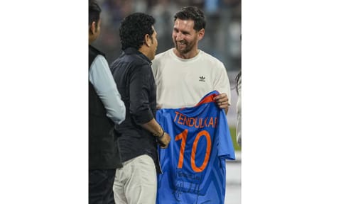 Argentine footballer Lionel Messi during the 'GOAT India Tour 2025', at Wankhede Stadium in Mumbai, Sunday, Dec. 14, 2025 (PTI) 