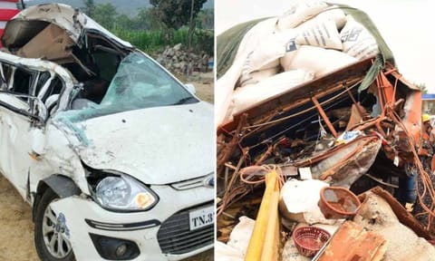 Mangled remains of vehicles involved in the multiple collisions