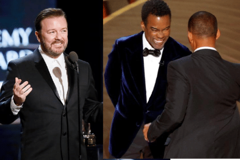 Ricky Gervais (left) and Will Smith slapping Chris rock at Oscars 2022