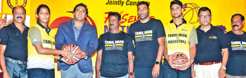 TN women?s team captain A Ashmitha (second from left) and men?s team skipper H Muin Bek (third from right) in the pre-tournament press conference on Saturday