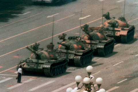 The most famous photograph of the unidentified 'Tank man' during the Tiananmen protests.