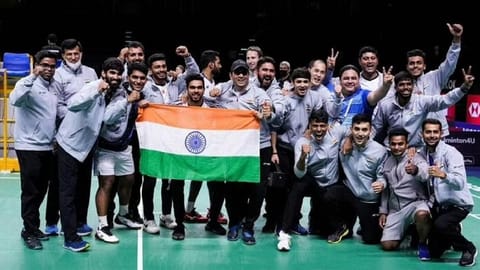 Team India lifting the Thomas Cup title