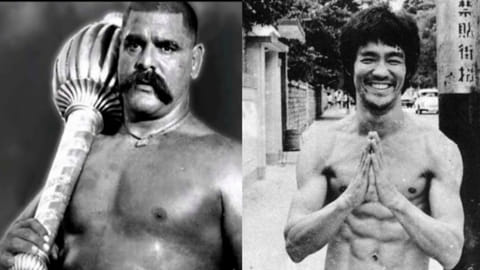 Indian wrestler Ghulam Mohammad Baksh Butt (right) and Bruce lee