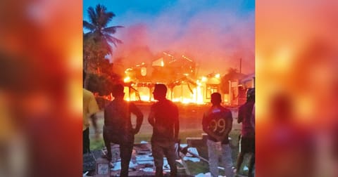Anti-government demonstrators set fire to Minister Sanath Nishantha?s house on Monday
